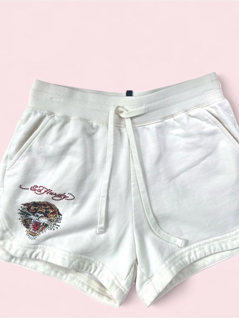 Ed Hardy White Knit Women's Athletic Shorts with Tiger Embroidery